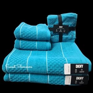 9pc DKNY White Textured Blue Dot Pin Stripe Bath Hand Washcloth Towel Set New